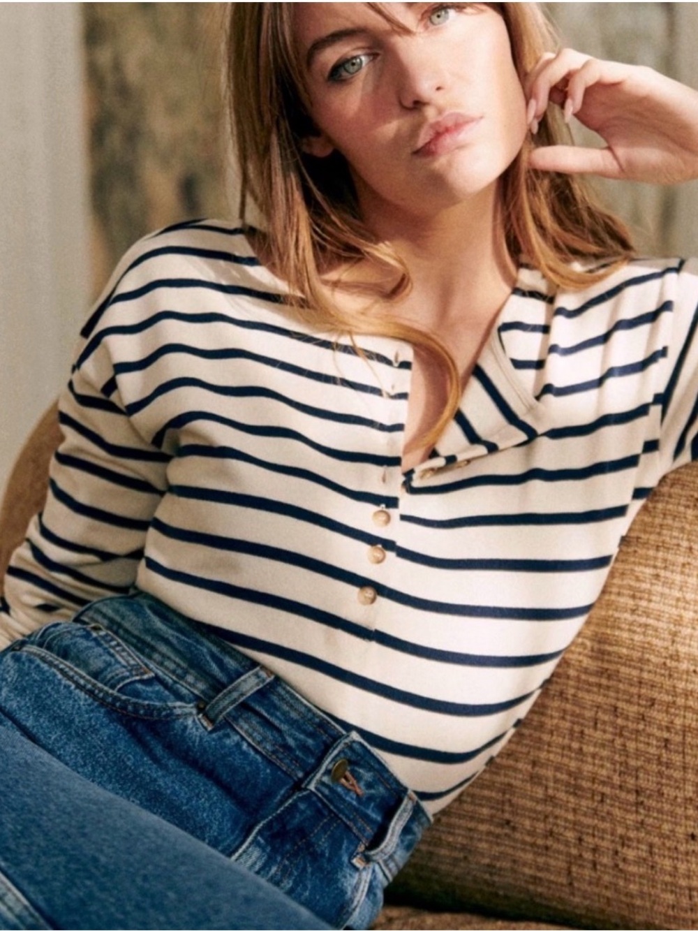 Sézane Women’s Gatsby Marinière striped top Size Large Cotton Ecru Navy Henley